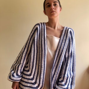 Oversized cardigan women, black kimono robe, striped cardigan, slouchy sweater, black and white cardigan, lightweight cardigan short kimono Indigo-white