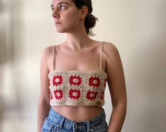 Retro crochet top, patchwork top, daisy top, sunflower top, granny square top, 70s knit top, cotton knit top, crochet festival top, tank top