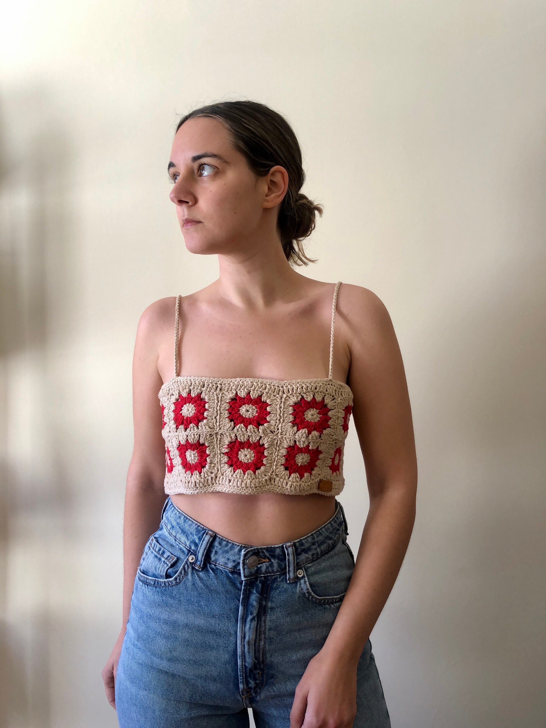 6（ROKU) COTTON CROCHET HALTER TOP/トップス Plunge Neckline Crochet Halter Top Brown | Garage