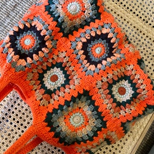 Crochet bag, burgundy bag, knit tote bag, crochet shoulder bag, granny square bag, retro crochet bag, handmade bag, woven bag, crochet purse Orange