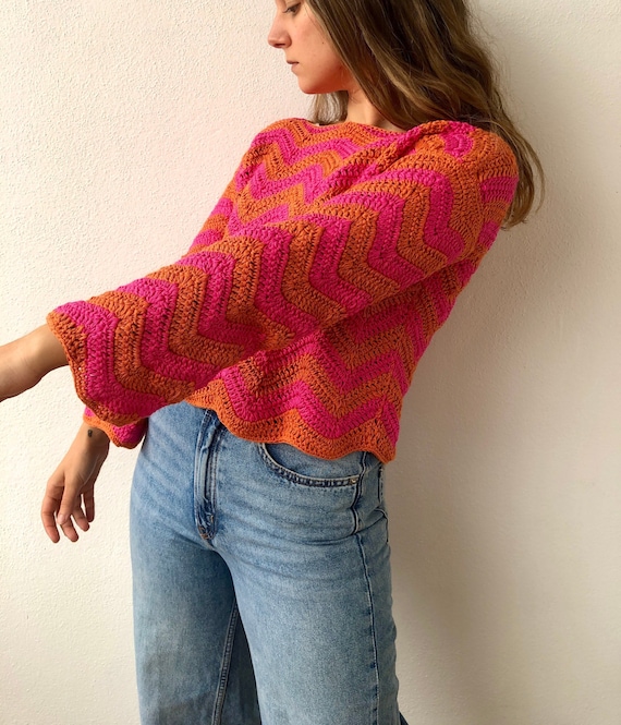 Jersey de algodón, jersey de algodón hecho a mano, jersey rayas, suéter algodón, Jersey naranja, camiseta manga larga, jersey crochet