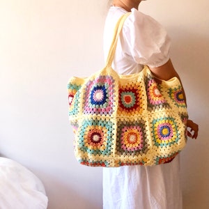 Crochet bag, burgundy bag, knit tote bag, crochet shoulder bag, granny square bag, retro crochet bag, handmade bag, woven bag, crochet purse Yellow