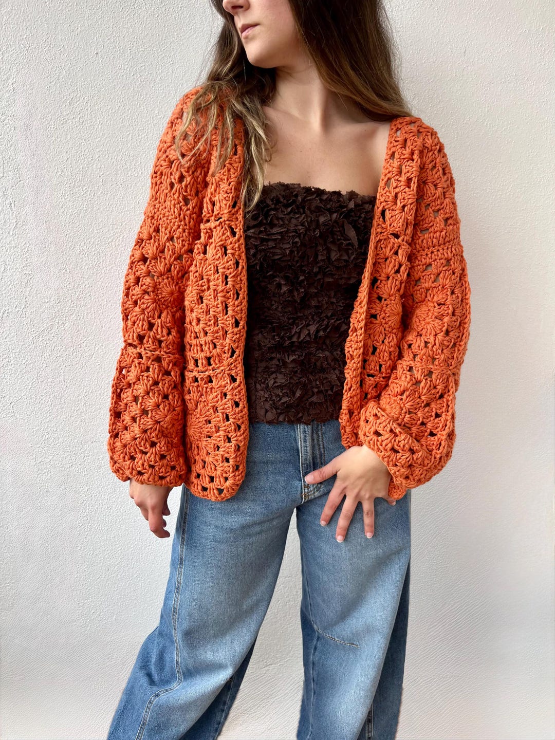 Beams Plus Alan Patchwork Wool Cardigan size L Orange Aran