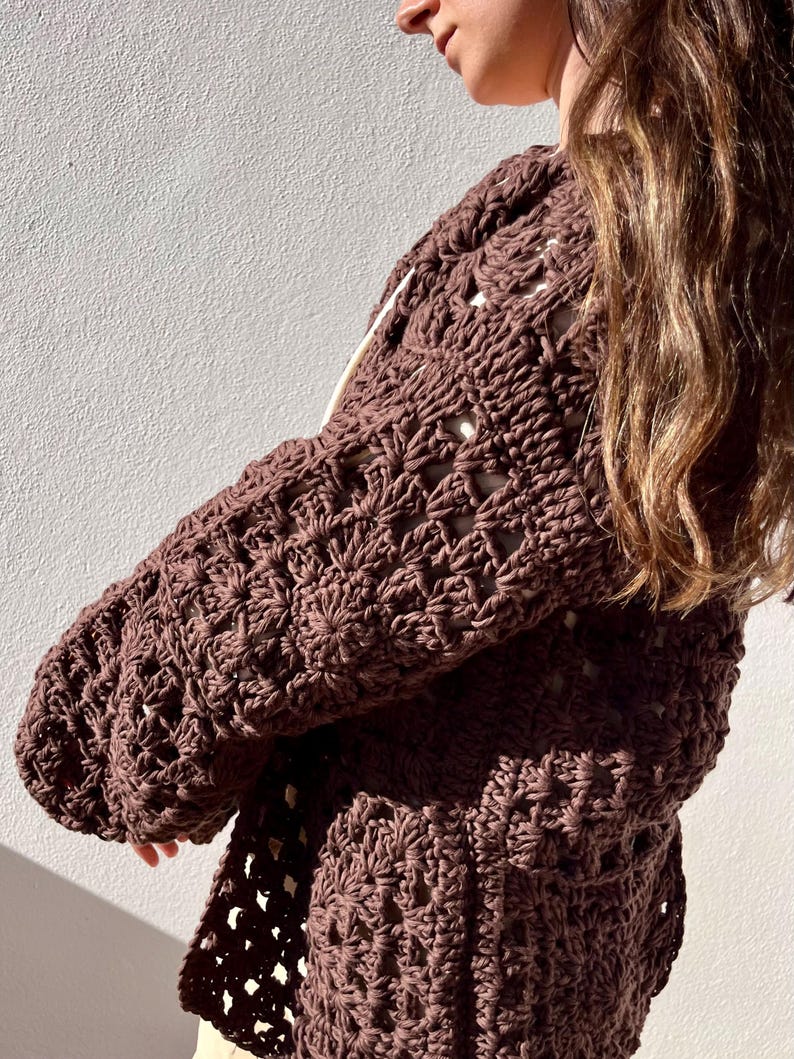 Handmade cardigan cotton, Black organic cotton cardigan, crochet cardigan, crochet sweater, granny square cardigan, knit cardigan, minimal image 3