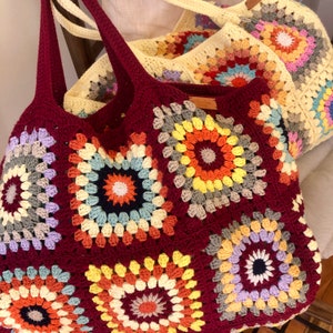 Crochet bag, burgundy bag, knit tote bag, crochet shoulder bag, granny square bag, retro crochet bag, handmade bag, woven bag, crochet purse image 7