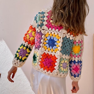 Crochet cotton cardigan, granny square cardigan, black cardigan, knit flower sweater, colorful knit cardigan, retro cardigan floral cardigan image 5