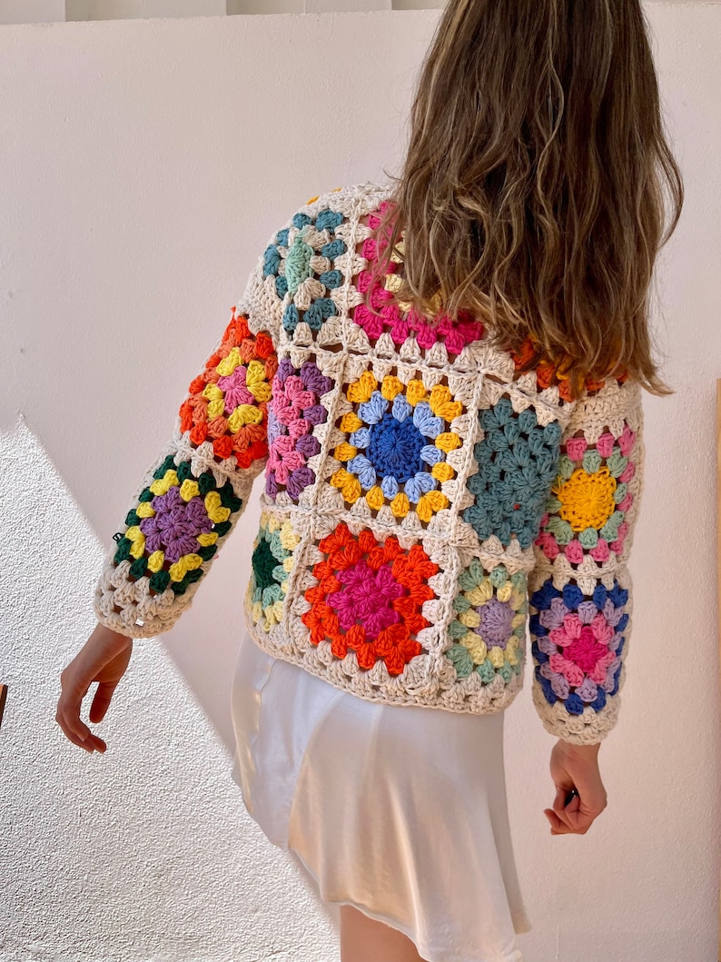 Crochet cotton cardigan, granny square cardigan, black cardigan, knit flower sweater, colorful knit cardigan, retro cardigan floral cardigan image 5