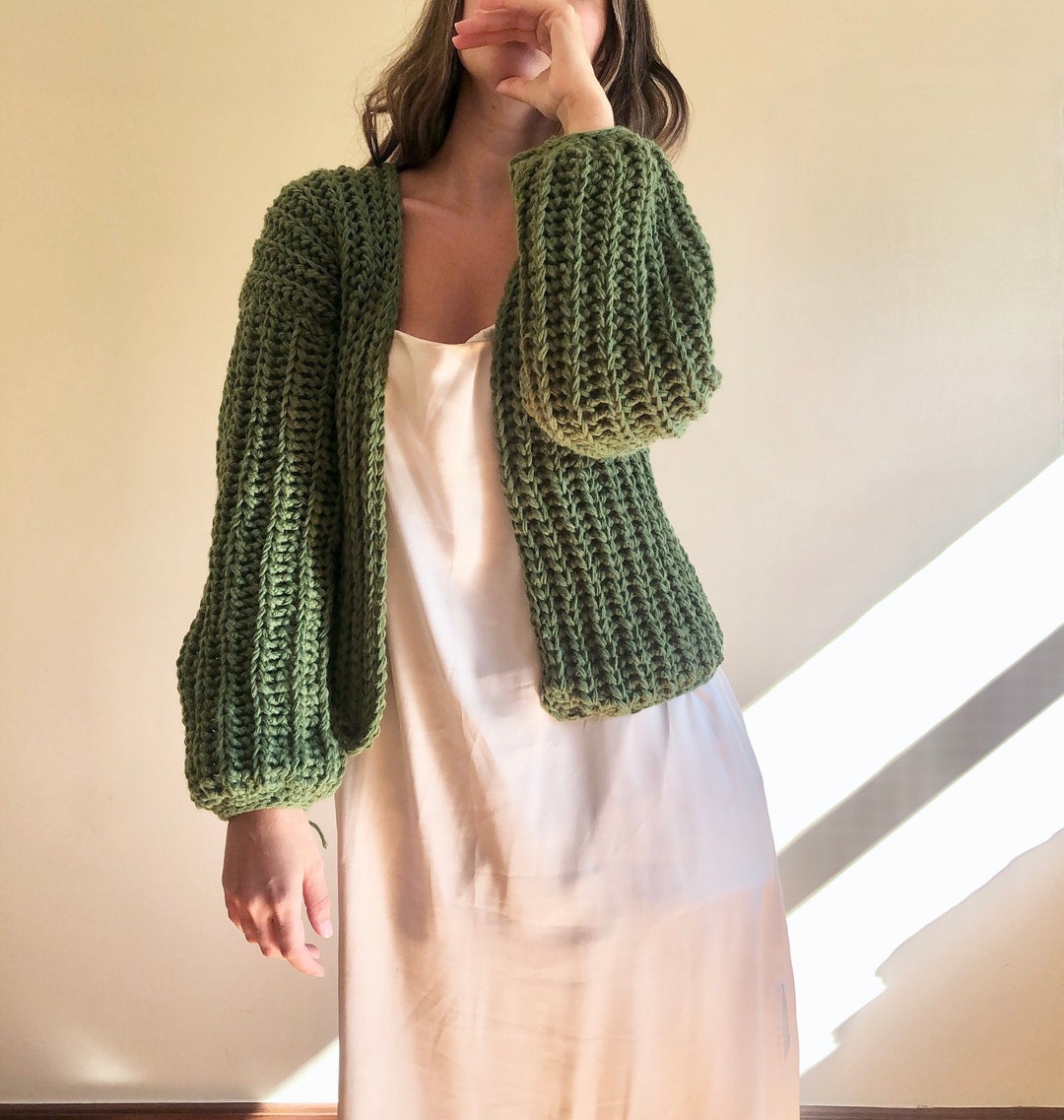 Crop Knit Cardigan, Green Knit Oversize Sweater, Chunky Wool