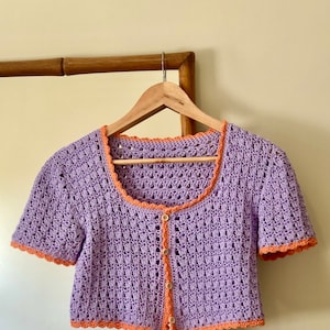 Short Sleeve Knit Top, button up blouse, purple and orange top, crochet top, retro crop top, lace cotton sweater, vintage style tee image 9