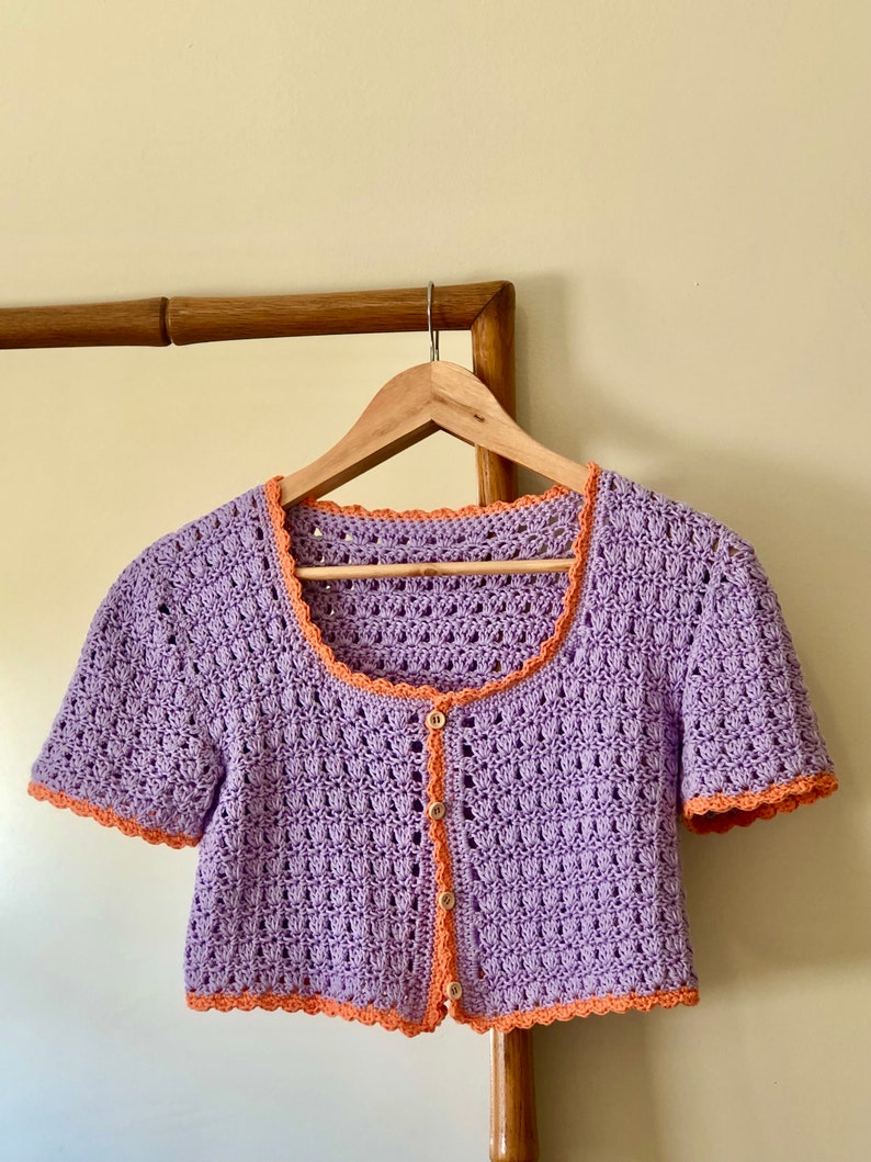 Short Sleeve Knit Top, button up blouse, purple and orange top, crochet top, retro crop top, lace cotton sweater, vintage style tee image 9