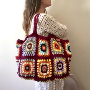 Crochet bag, burgundy bag, knit tote bag, crochet shoulder bag, granny square bag, retro crochet bag, handmade bag, woven bag, crochet purse image 5
