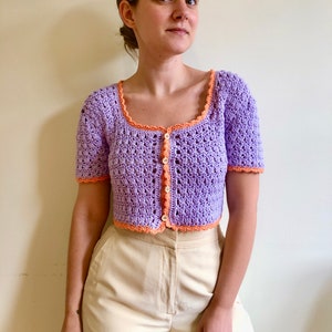 Short Sleeve Knit Top, button up blouse, purple and orange top, crochet top, retro crop top, lace cotton sweater, vintage style tee image 7