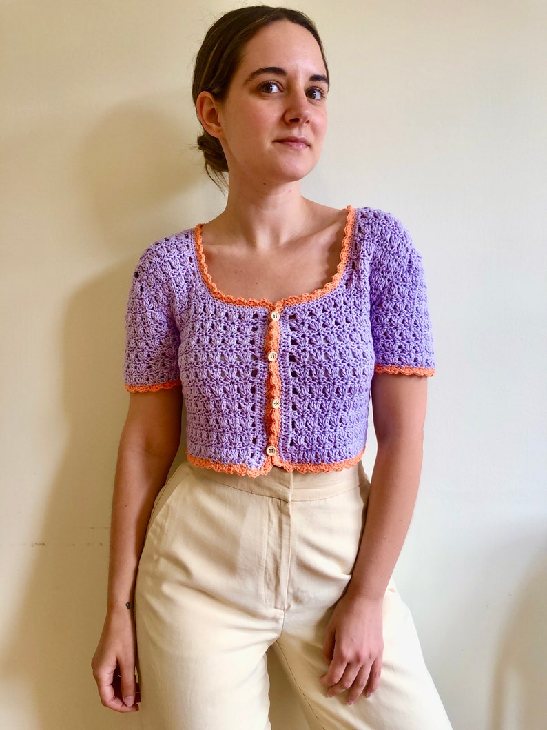 Short Sleeve Knit Top, button up blouse, purple and orange top, crochet top, retro crop top, lace cotton sweater, vintage style tee image 7