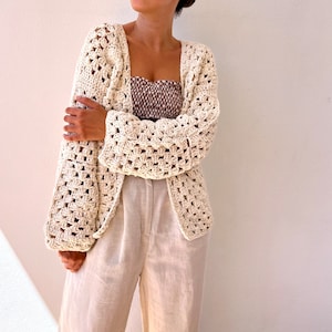 Granny square cardigan, cotton cardigan, crochet cardigan, summer cardigan, cotton bomber, patchwork cardigan, floral cardigan, retro jacket All beige