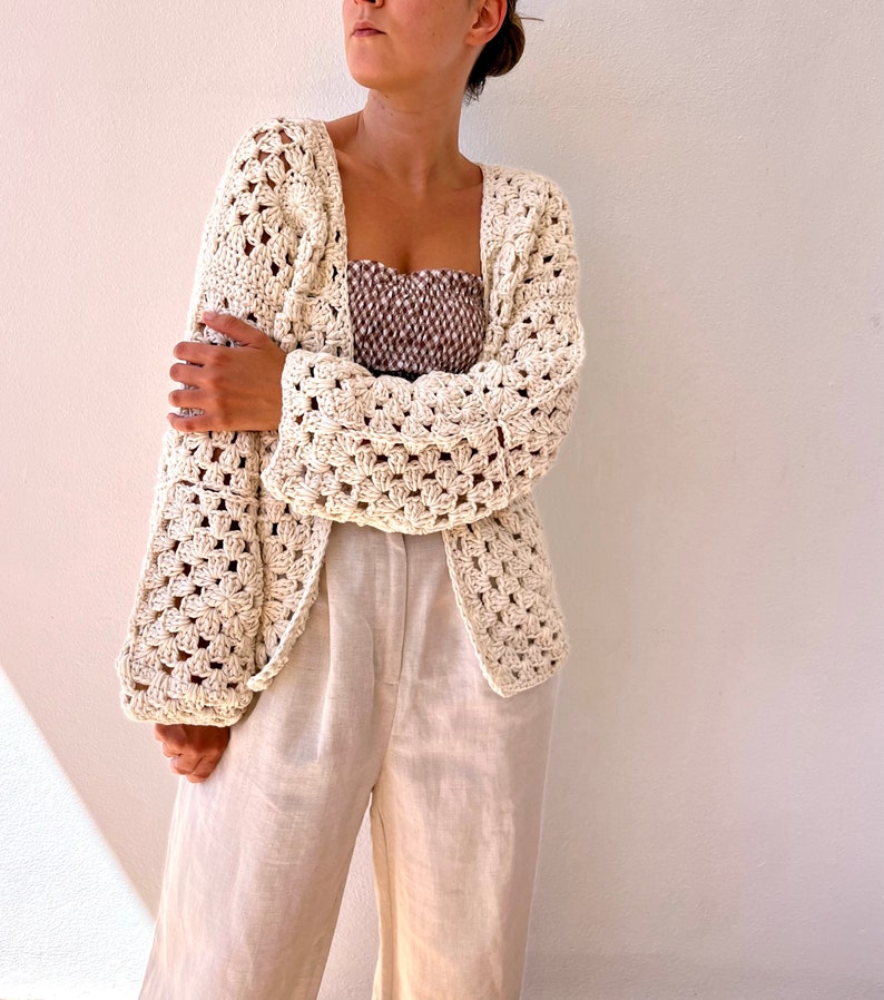 Granny square cardigan, cotton cardigan, crochet cardigan, summer cardigan, cotton bomber, patchwork cardigan, floral cardigan, retro jacket All beige