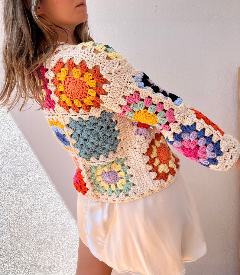 Granny square cardigan, cotton cardigan, crochet cardigan, summer cardigan, cotton bomber, patchwork cardigan, floral cardigan, retro jacket image 2