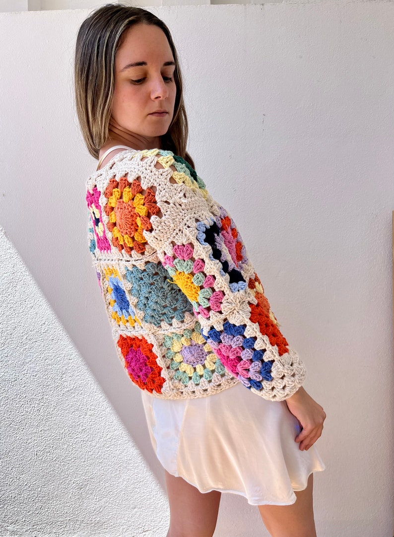 Granny square cardigan, cotton cardigan, crochet cardigan, summer cardigan, cotton bomber, patchwork cardigan, floral cardigan, retro jacket image 9