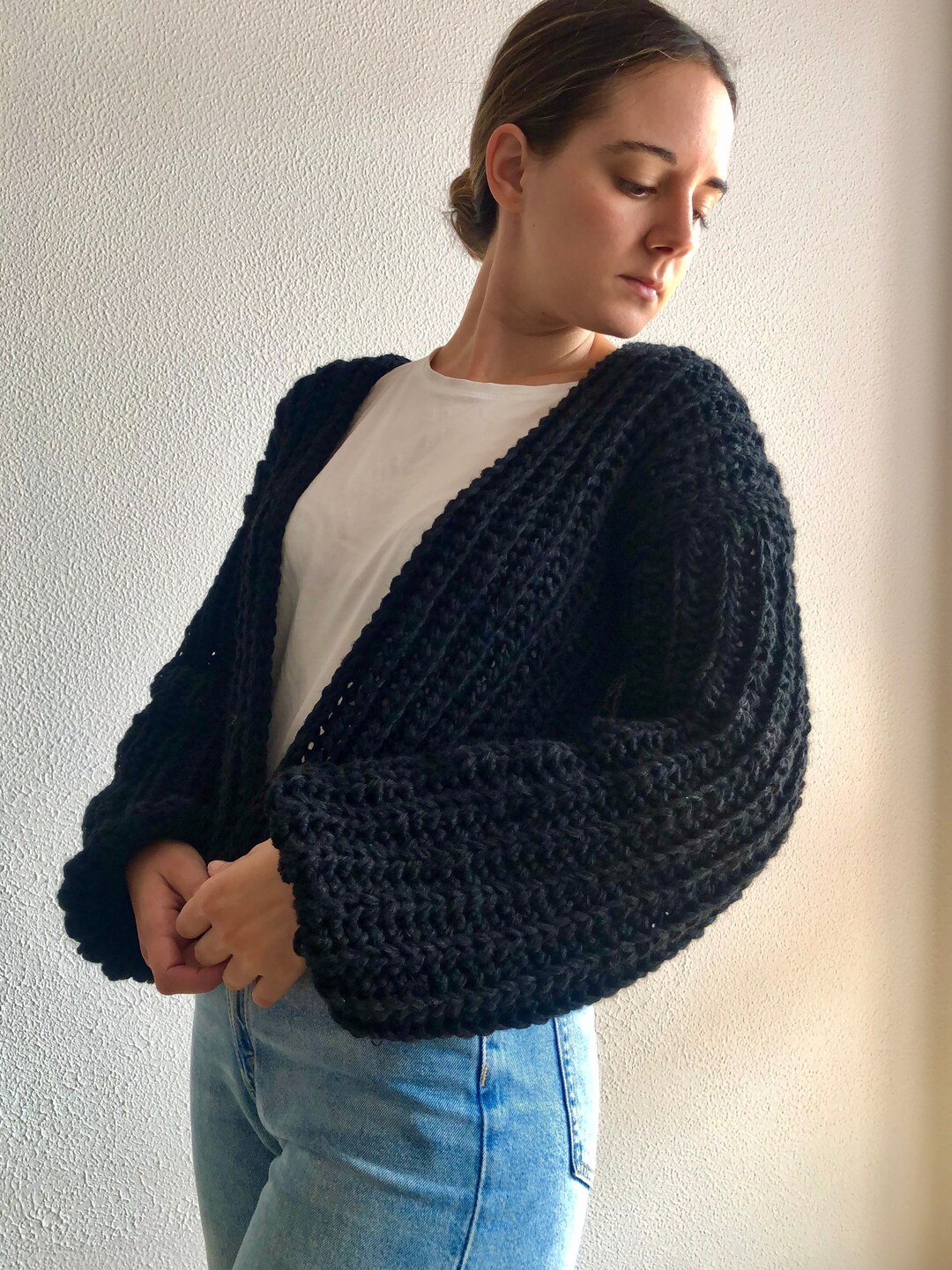 Black Chunky Cardigan, Bomber Jacket, Cable Knit Cardigan, Balloon