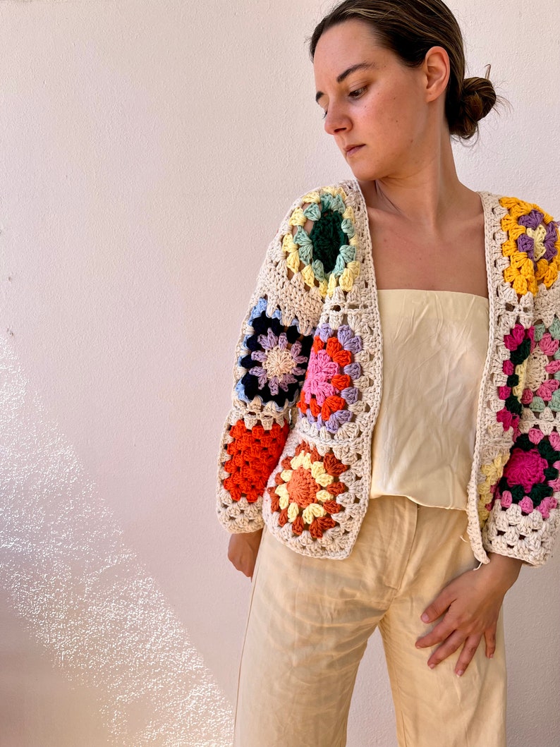 Crochet cotton cardigan, granny square cardigan, black cardigan, knit flower sweater, colorful knit cardigan, retro cardigan floral cardigan image 8