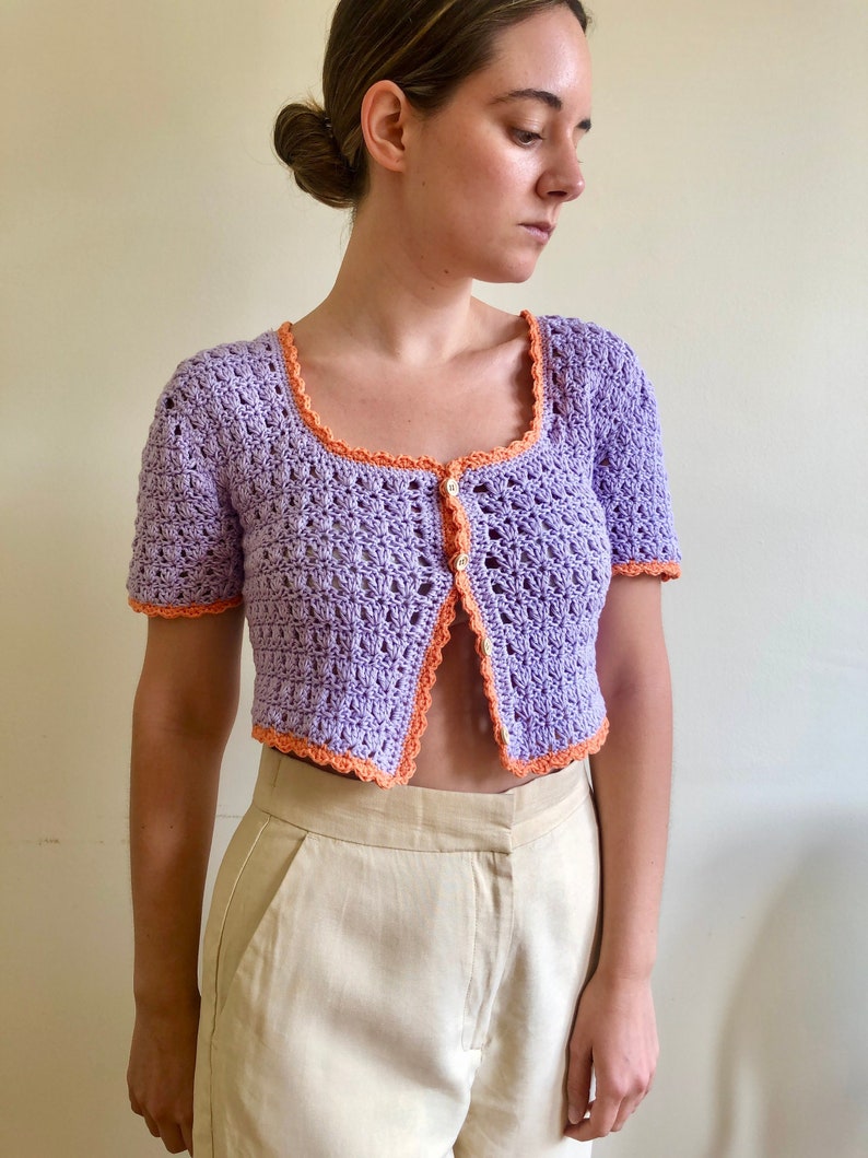 Short Sleeve Knit Top, button up blouse, purple and orange top, crochet top, retro crop top, lace cotton sweater, vintage style tee Purple-orange