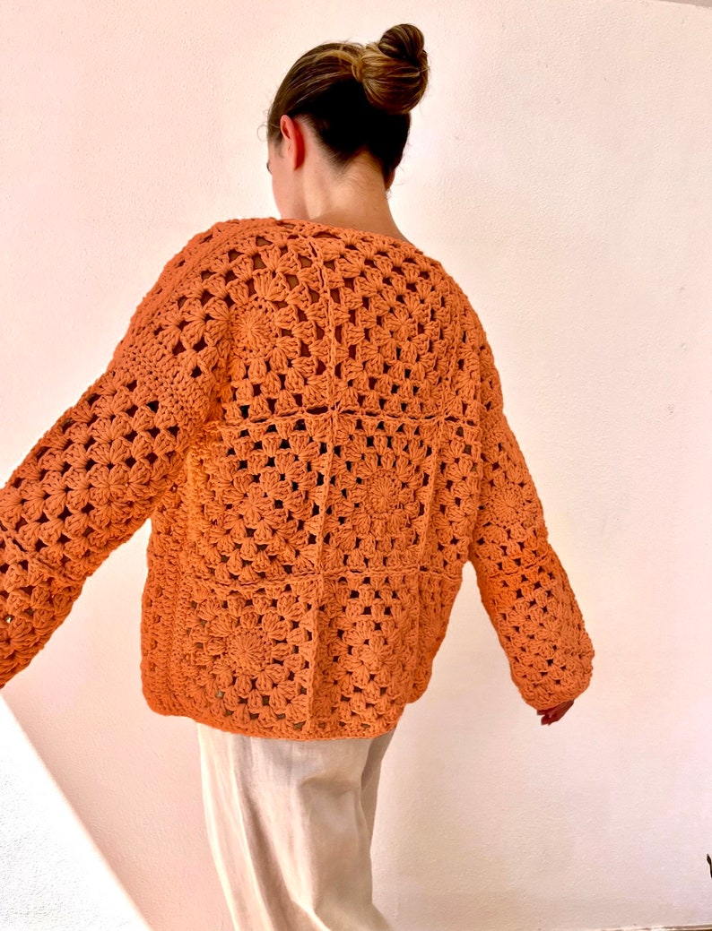 Granny square cardigan, cotton cardigan, crochet cardigan, summer cardigan, cotton bomber, patchwork cardigan, floral cardigan, retro jacket Orange