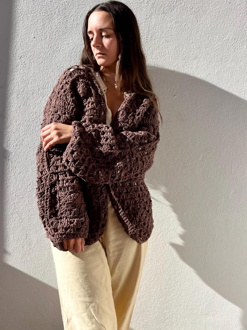 Handmade cardigan cotton, Black organic cotton cardigan, crochet cardigan, crochet sweater, granny square cardigan, knit cardigan, minimal image 7