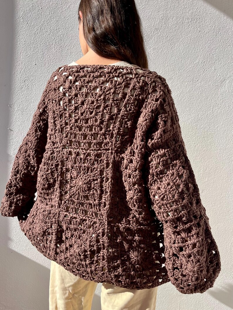 Handmade cardigan cotton, Black organic cotton cardigan, crochet cardigan, crochet sweater, granny square cardigan, knit cardigan, minimal image 19