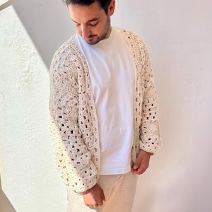 Beige crochet cardigan, cardigan for men, crochet sweater, hand knit cardigan, organic cotton cardigan, retro cardigan, stylish cardigan