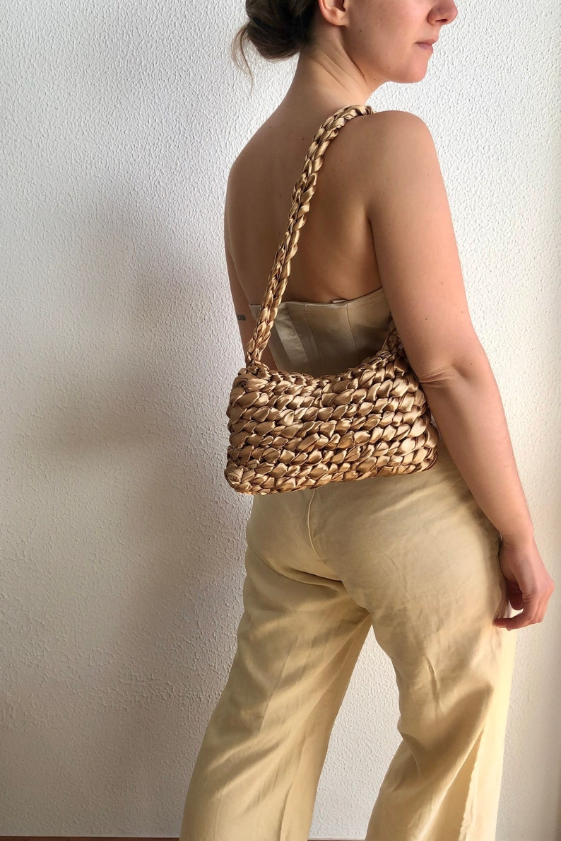 Evening shoulder bag, unique bag, crochet shoulder bag, satin bag, small shoulder bag, handle bag, mini hobo shoulder bag, statement bag image 1