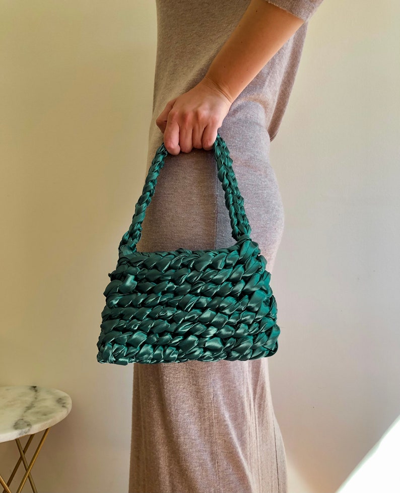 Small shoulder bag, green handbag, satin purse, statement bag, handle bag, evening shoulder bag, clutch purse, party purse, green pochette image 6