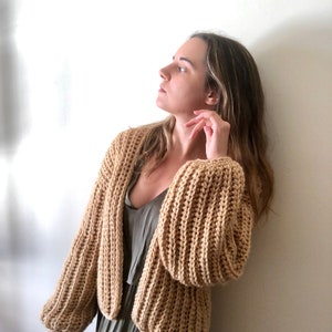 Crop knit cardigan, green knit oversize sweater, chunky wool cardigan, cable knit cardigan, knit bomber jacket, bulky sweater, wool coat Camel