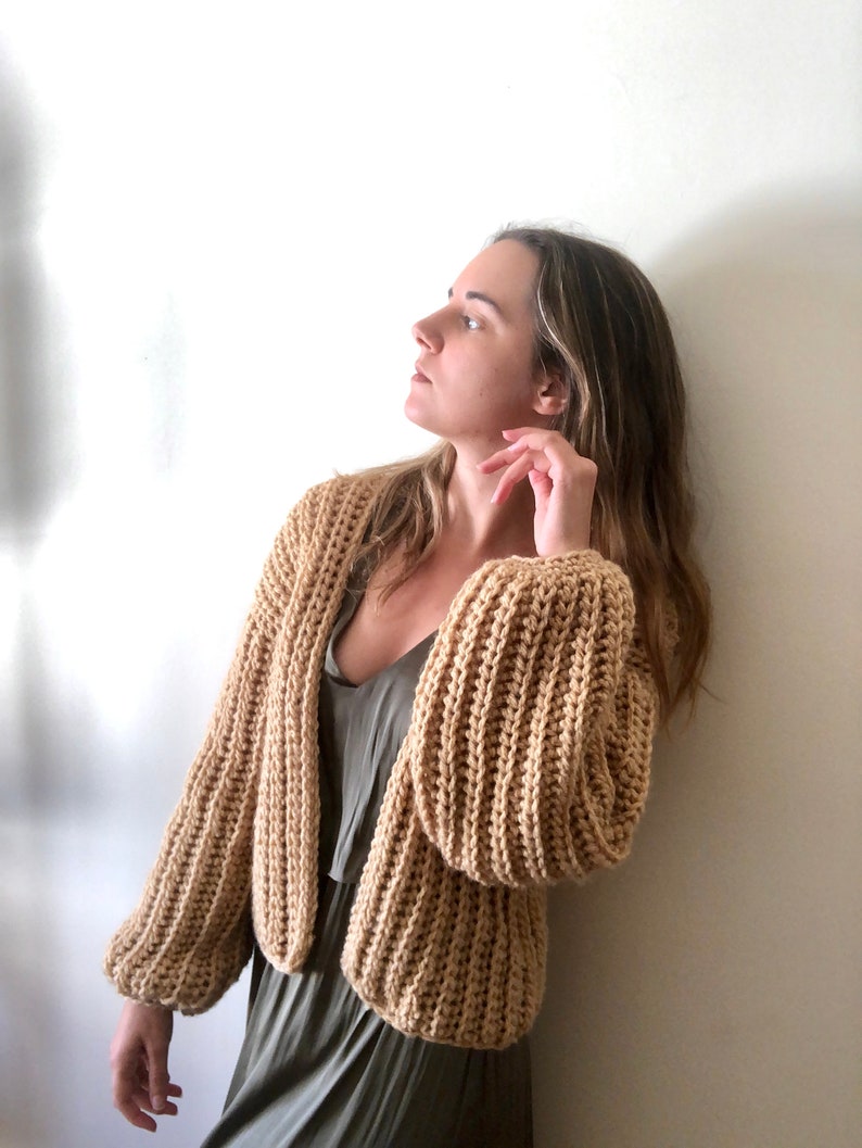 Crop knit cardigan, green knit oversize sweater, chunky wool cardigan, cable knit cardigan, knit bomber jacket, bulky sweater, wool coat Camel