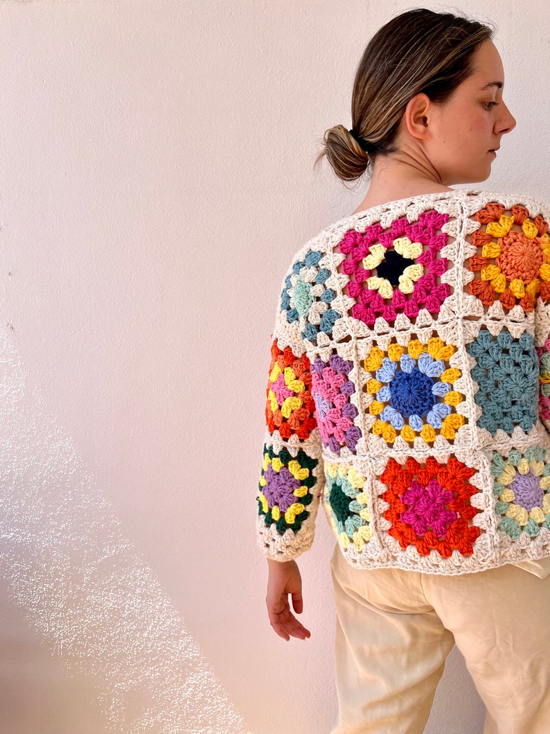 Granny square cardigan, cotton cardigan, crochet cardigan, summer cardigan, cotton bomber, patchwork cardigan, floral cardigan, retro jacket image 8