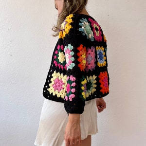 Crochet cotton cardigan, granny square cardigan, black cardigan, knit flower sweater, colorful knit cardigan, retro cardigan floral cardigan image 2