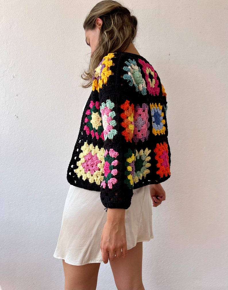 Crochet cotton cardigan, granny square cardigan, black cardigan, knit flower sweater, colorful knit cardigan, retro cardigan floral cardigan image 2