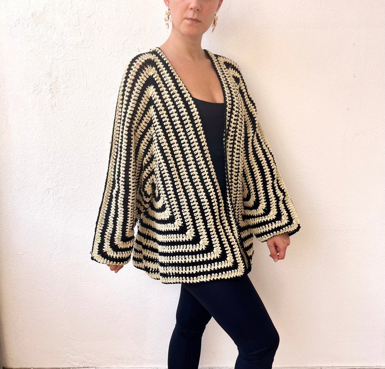 Oversized cardigan women, black kimono robe, striped cardigan, slouchy sweater, black and white cardigan, lightweight cardigan short kimono image 2