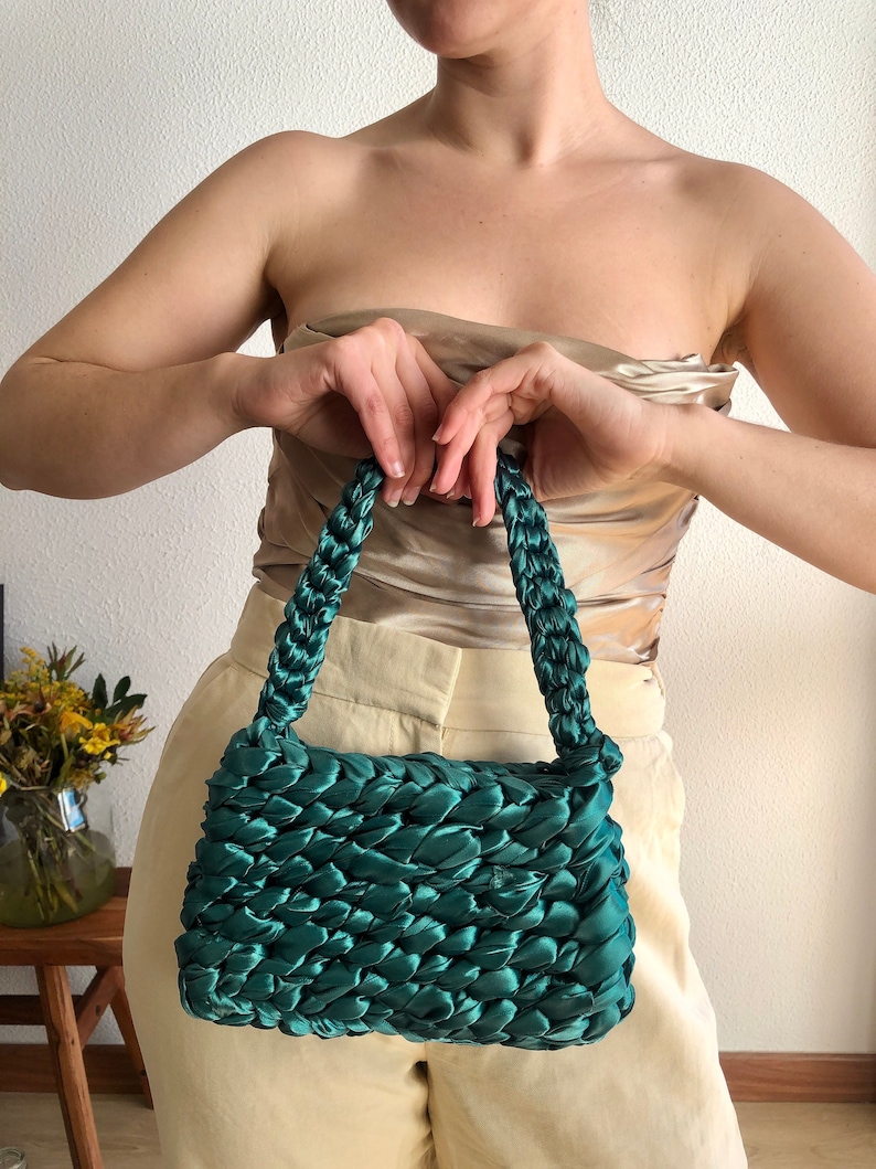 Small shoulder bag, green handbag, satin purse, statement bag, handle bag, evening shoulder bag, clutch purse, party purse, green pochette image 1