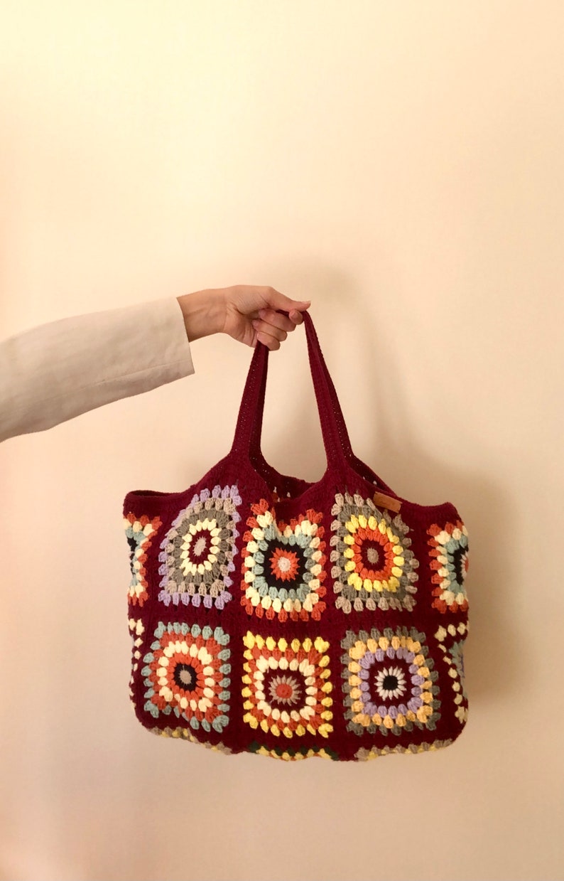 Crochet bag, burgundy bag, knit tote bag, crochet shoulder bag, granny square bag, retro crochet bag, handmade bag, woven bag, crochet purse image 6