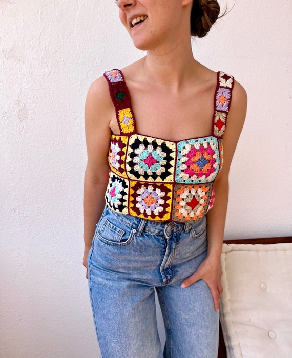 Boho Retro Top, Knit Crochet Top, Patchwork Top, Granny