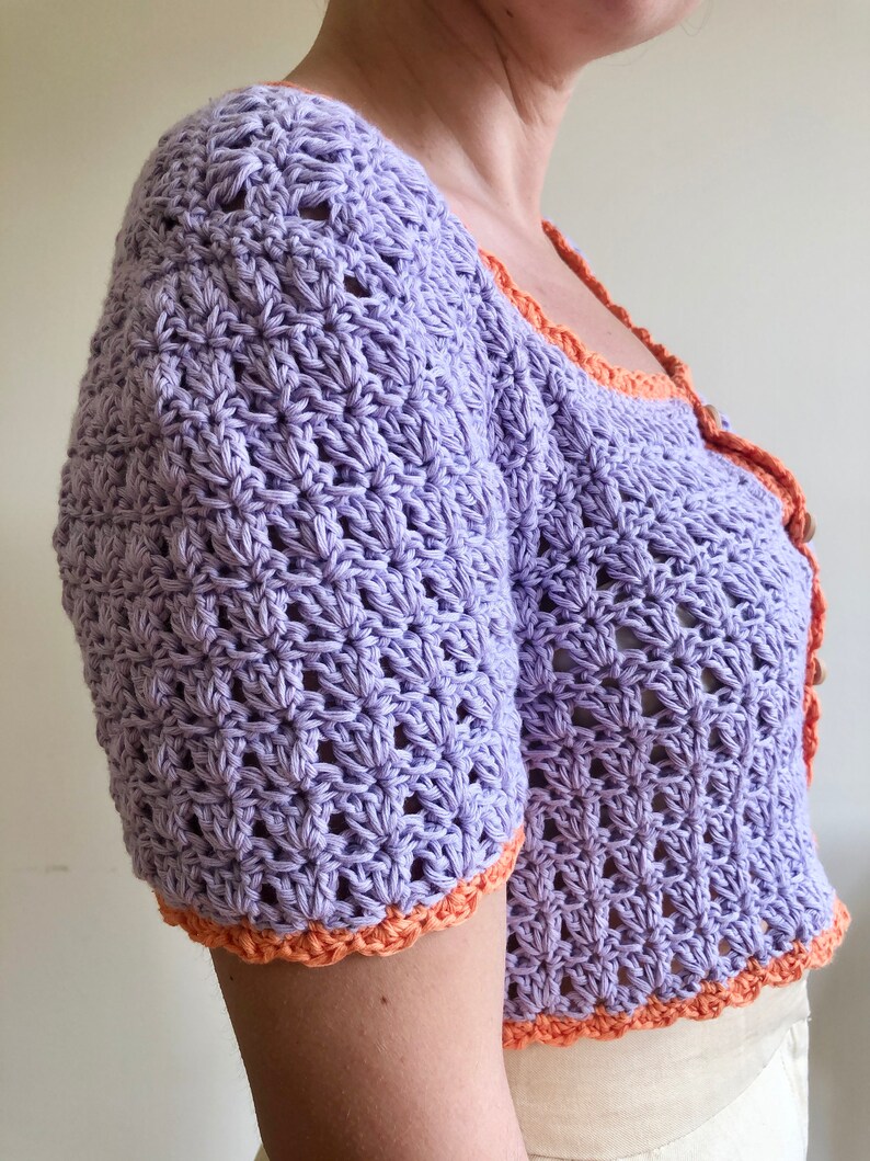 Short Sleeve Knit Top, button up blouse, purple and orange top, crochet top, retro crop top, lace cotton sweater, vintage style tee image 4