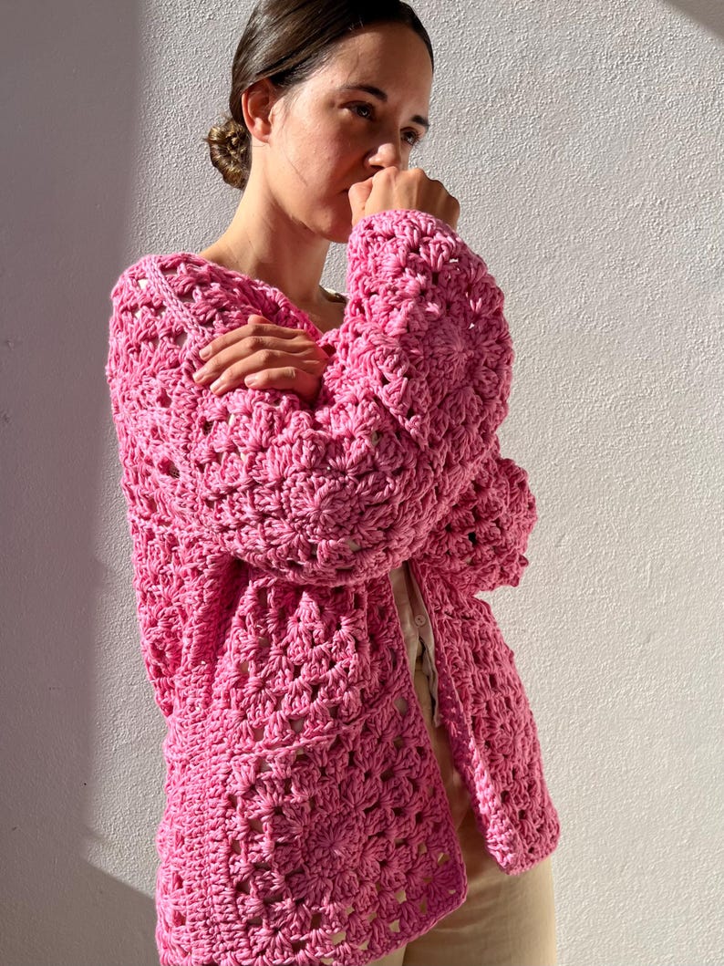 Handmade cardigan cotton, Black organic cotton cardigan, crochet cardigan, crochet sweater, granny square cardigan, knit cardigan, minimal image 5
