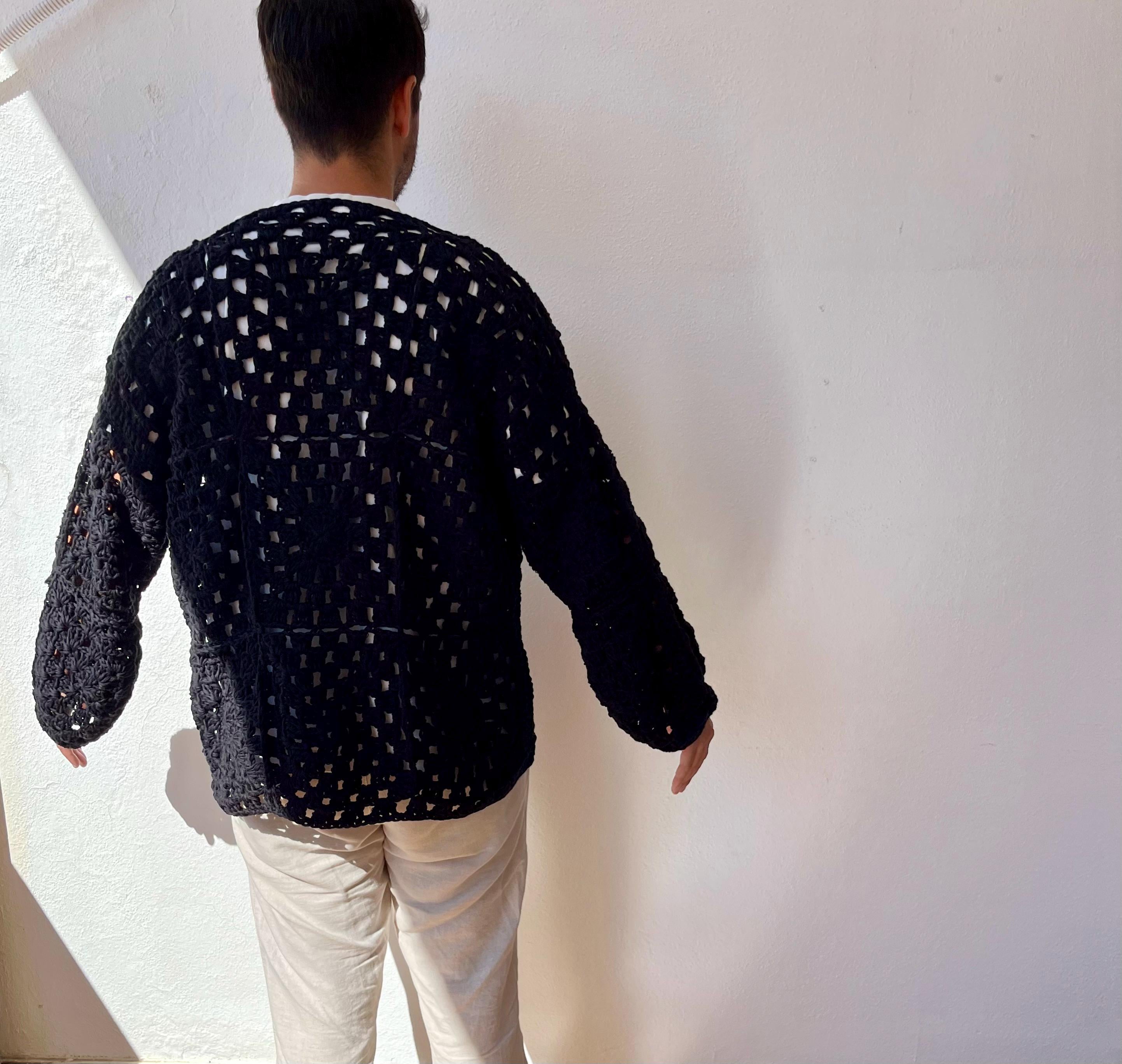 Black Cotton Cardigan for Men, Crochet Cardigan, Black Crochet Sweater