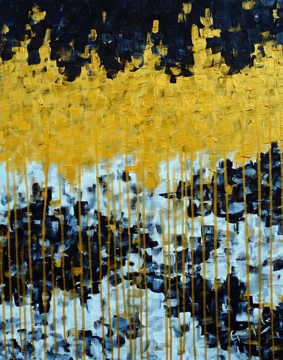 Large Golden Acrylic Painting/Textured Black and White Etsy