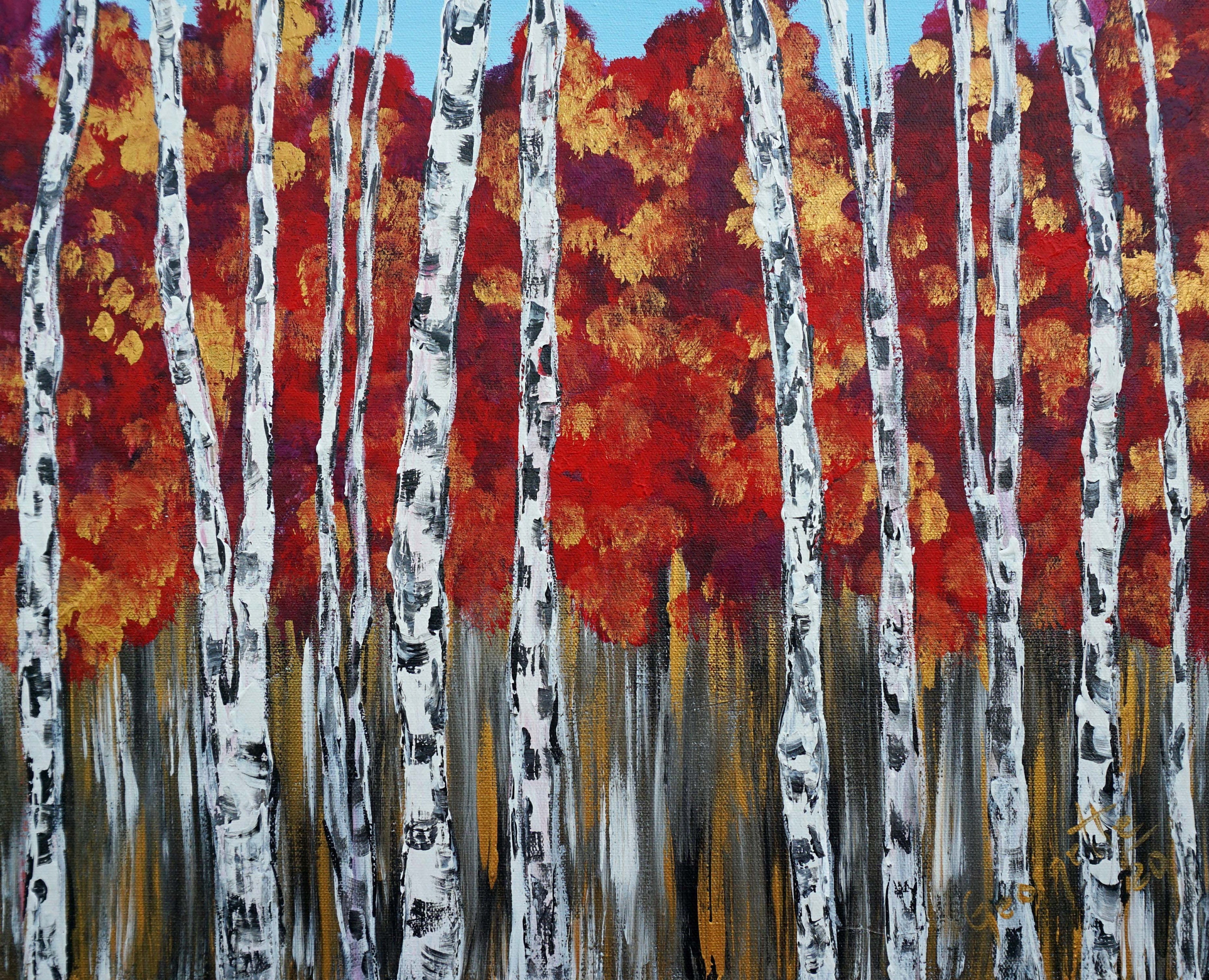 Abstract Birch Tree Art/Red and Gold Original Painting/Acrylic Etsy