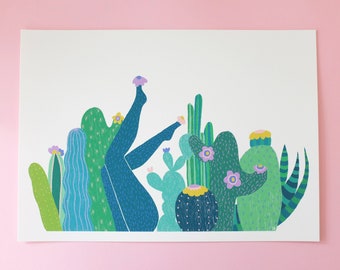 prickly peach (cactus, plant, floral, retro) art print