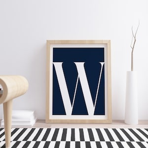 Letra "W", Inicial imprimible, Cartel de arte, Cartel de tipografía, Arte de pared, Decoración del hogar, Arte escandinavo, Decoración de monograma, Inicial, Color marino