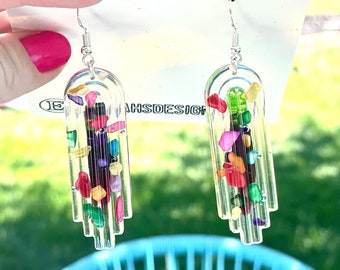 Rainbow Rocks Hanging Drop Dangly Resin Earring