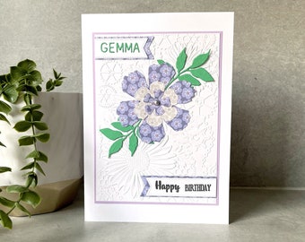 Gepersonaliseerde verjaardagskaart met bloemen | Paars en groen | Handgemaakt | VK-verkoper:
