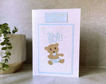 New Baby Boy Personalised Teddy Card | Handmade | "It's a Boy" | UK Seller