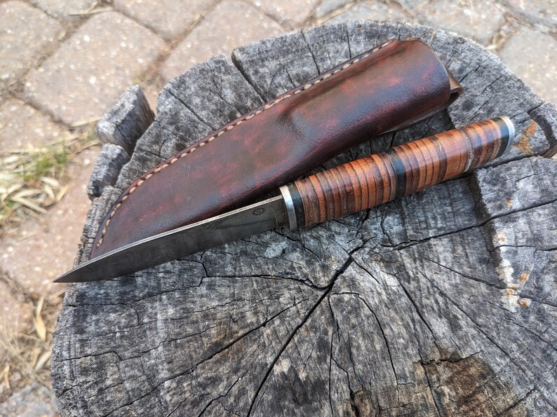 Stacked Leather Hand Made Fixed Blade Belt Knife for Camping, Hunting